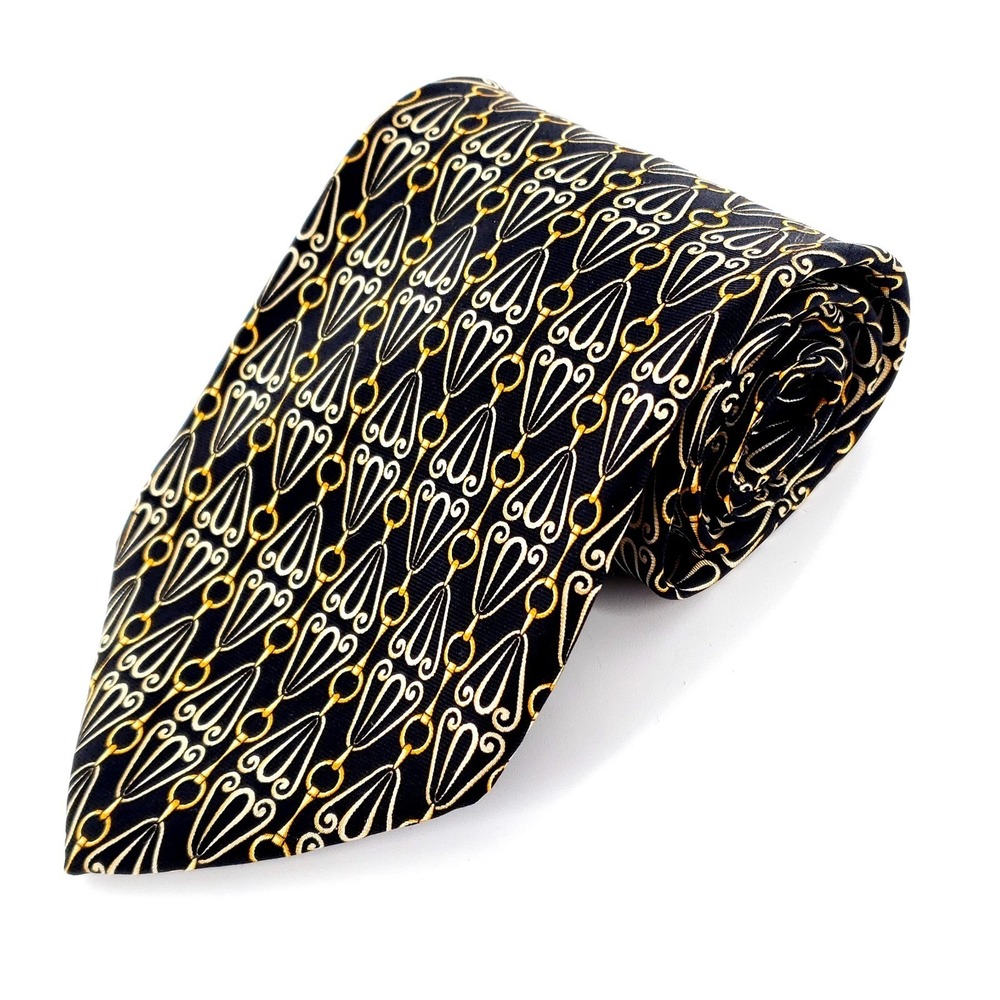 Vtg Paolo Gucci Silk Tie Geometric Equestrian Bit Black & Gold Made In Italy